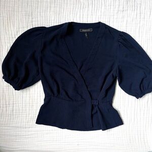 BCBG Max Azria Navy Wrap Blouse Textured Puff Sleeve Top S